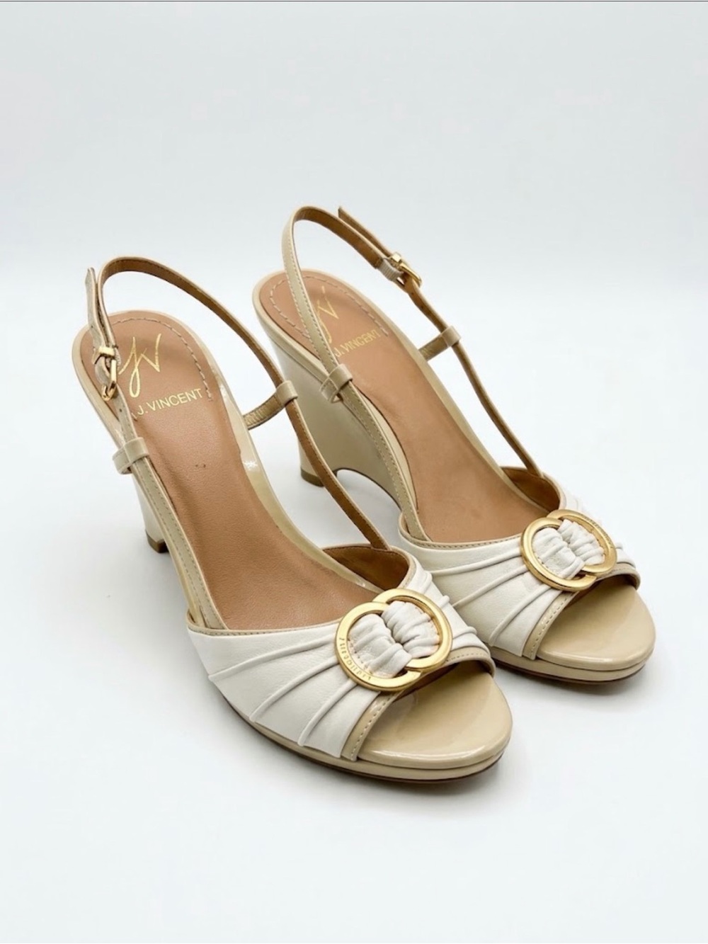 J Vincent Cream Leather Slingback Heels Gold Ring Peep Toe 7